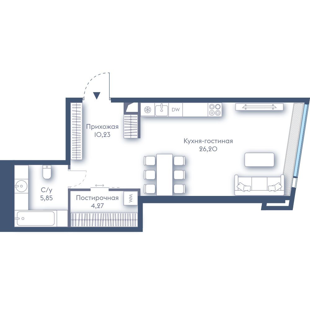 1-комнатная квартира, 46,5 м²