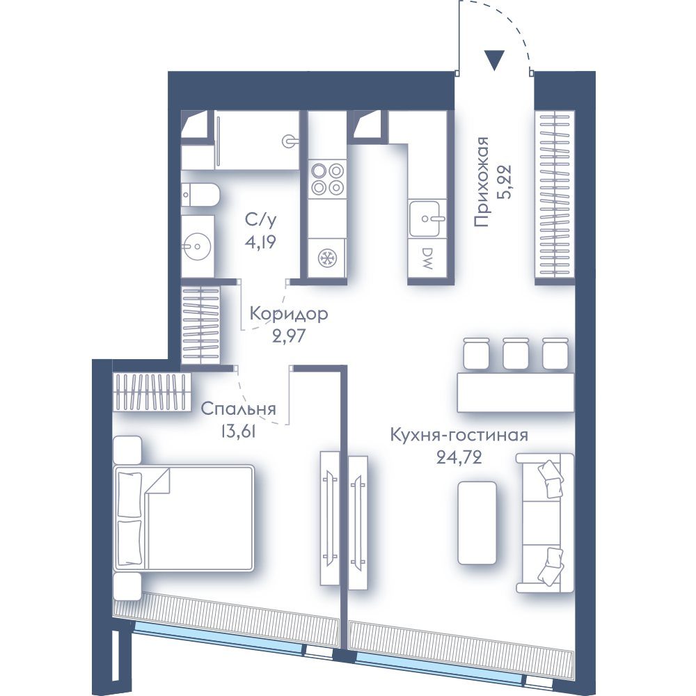 1-комнатная квартира, 50,7 м²