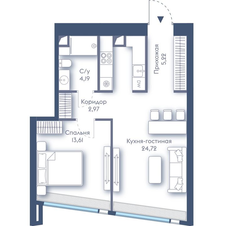 1-комнатная квартира, 50,7 м²