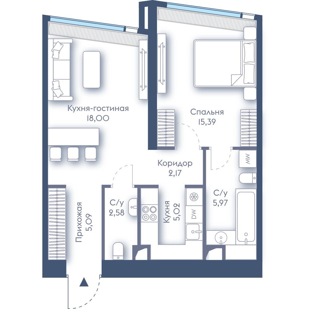 1-комнатная квартира, 54,2 м²