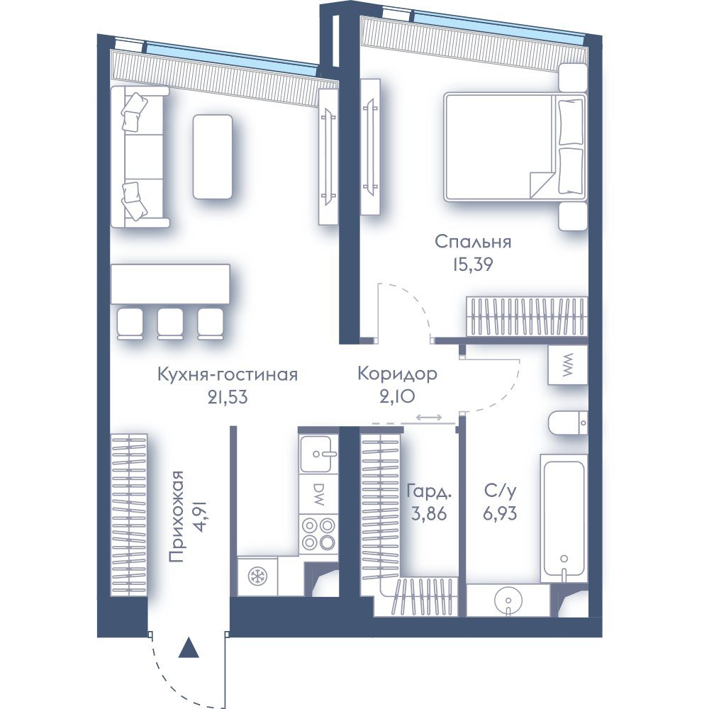 1-комнатная квартира, 54,7 м²