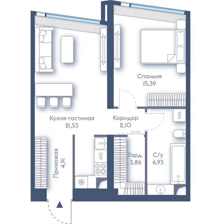 1-комнатная квартира, 54,7 м²