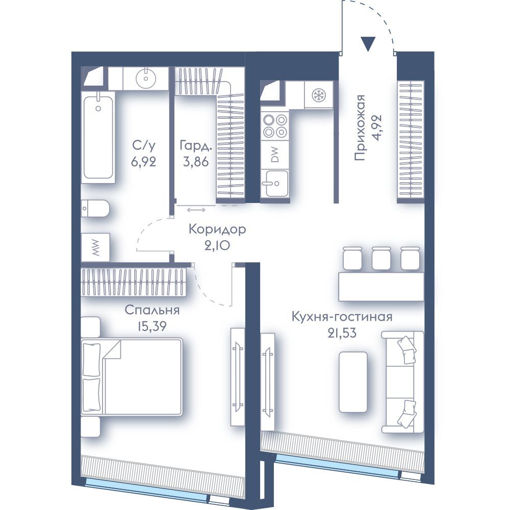 1-комнатная квартира, 54,7 м²