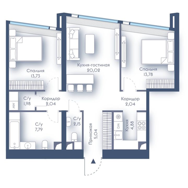 2-комнатная квартира, 73,7 м²