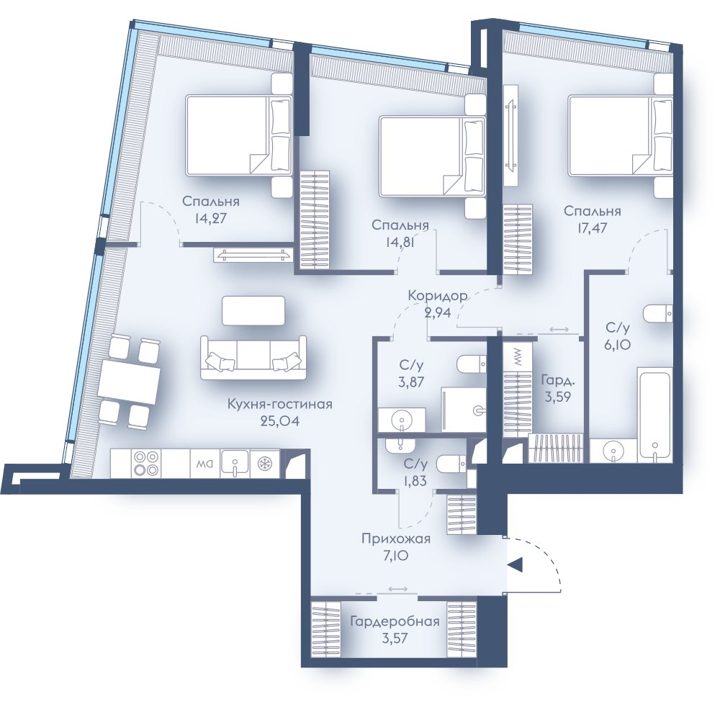 3-комнатная квартира, 100,6 м²