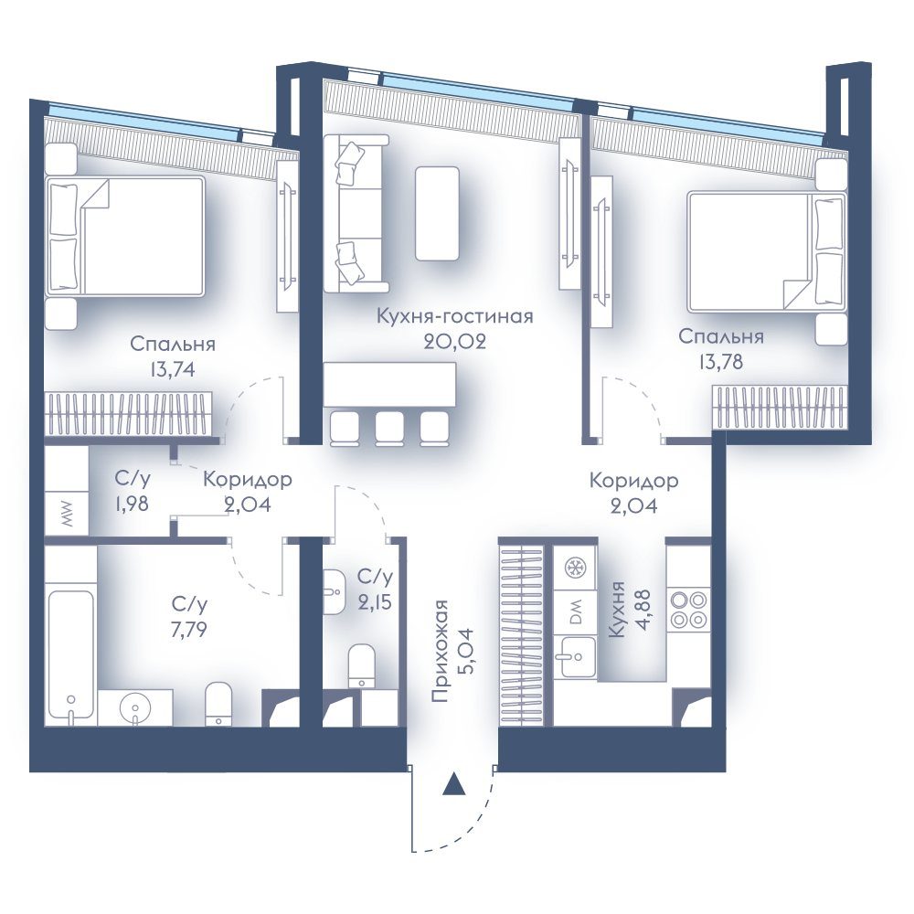 2-комнатная квартира, 73,7 м²