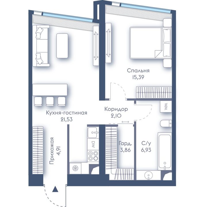 1-комнатная квартира, 54,7 м²