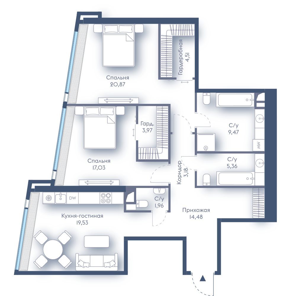 2-комнатная квартира, 100,4 м²