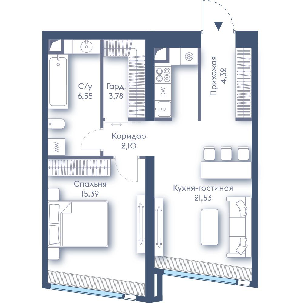 1-комнатная квартира, 53,7 м²