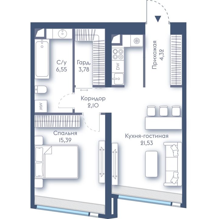 1-комнатная квартира, 53,7 м² — фото 1