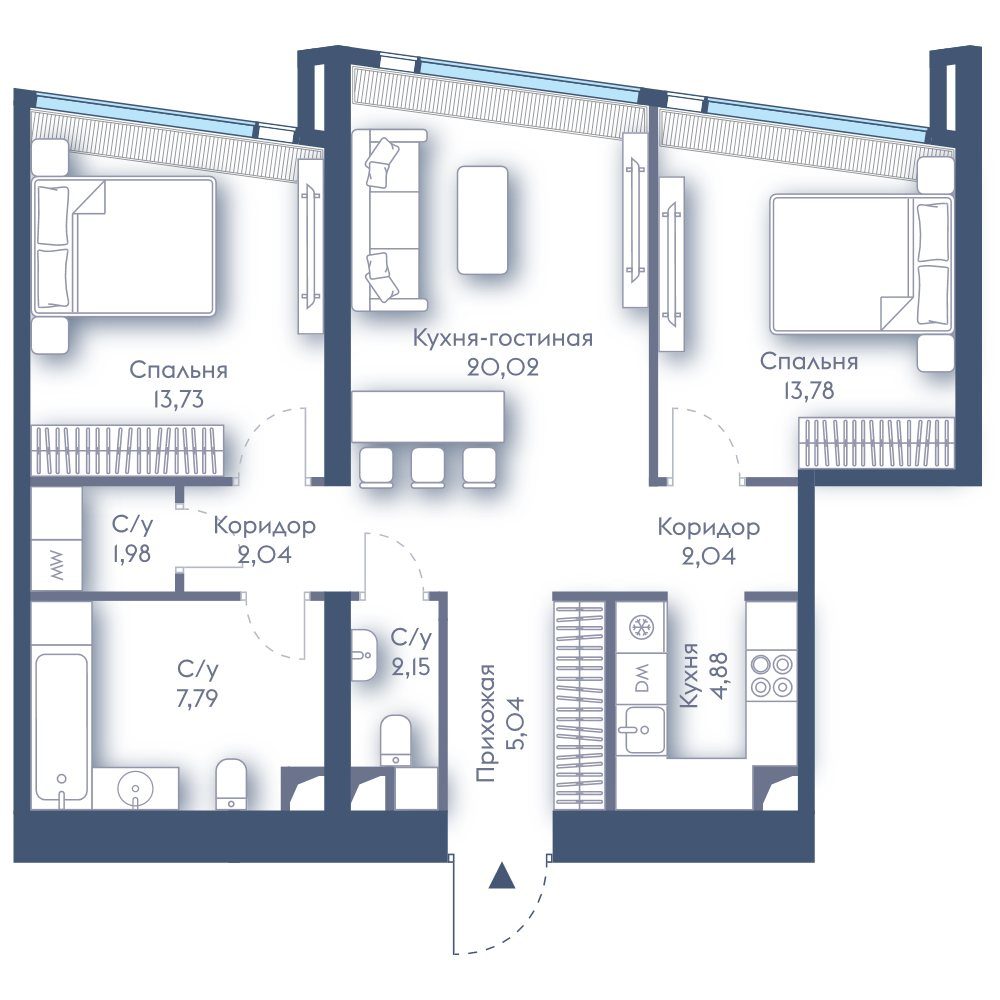 2-комнатная квартира, 73,7 м²