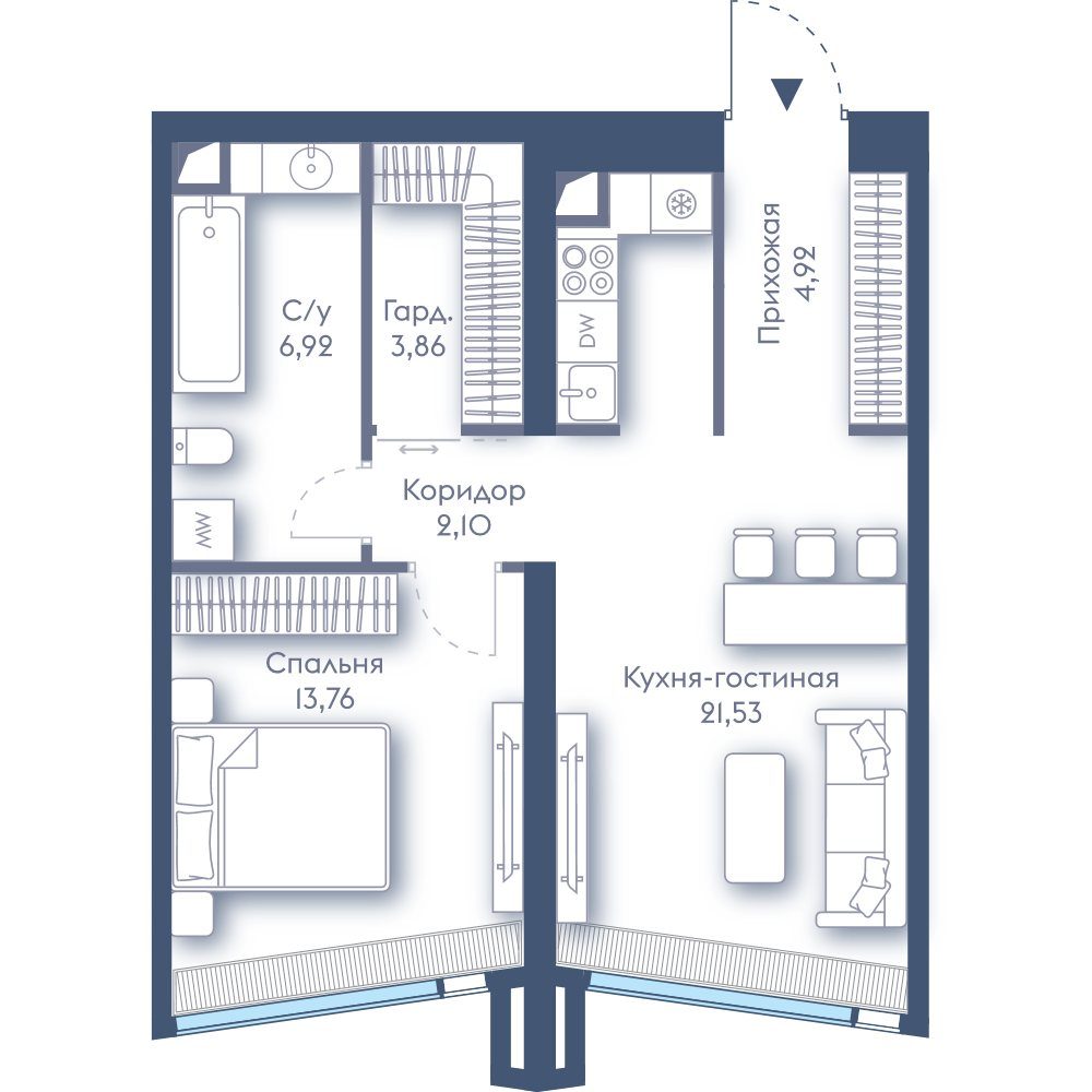 1-комнатная квартира, 53,1 м²