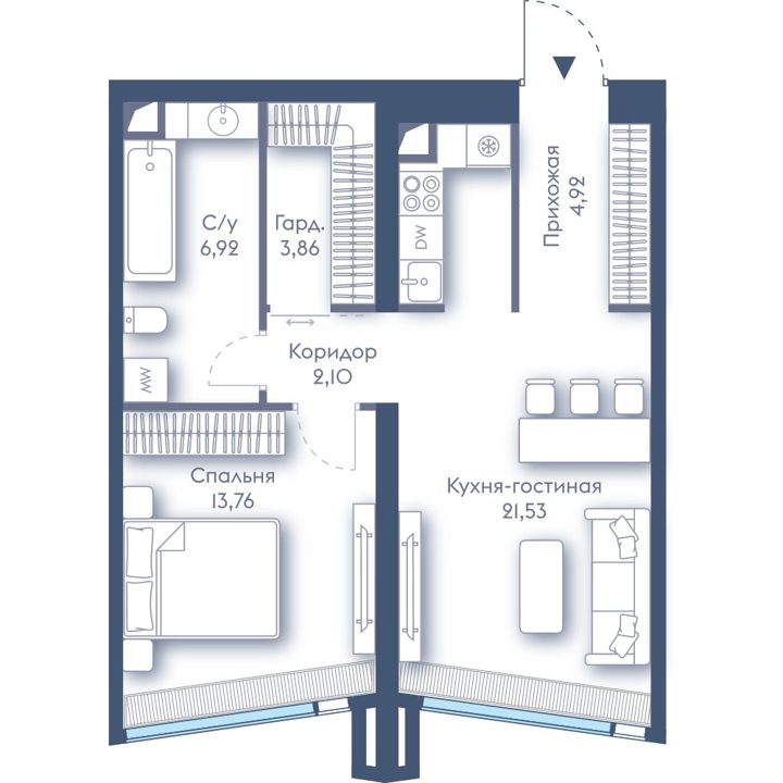 1-комнатная квартира, 53,1 м²
