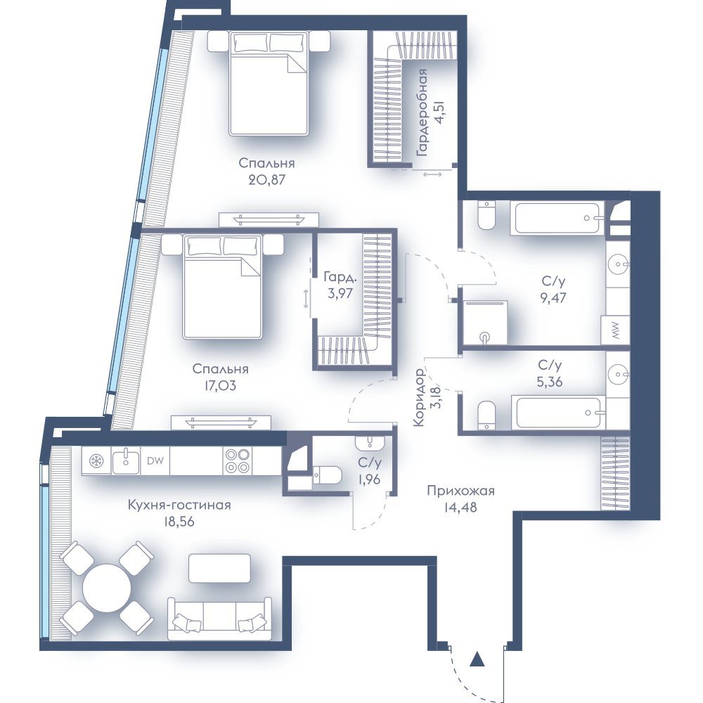 2-комнатная квартира, 99,4 м²