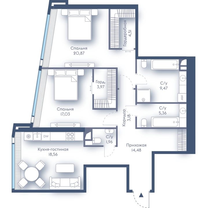 2-комнатная квартира, 99,4 м²