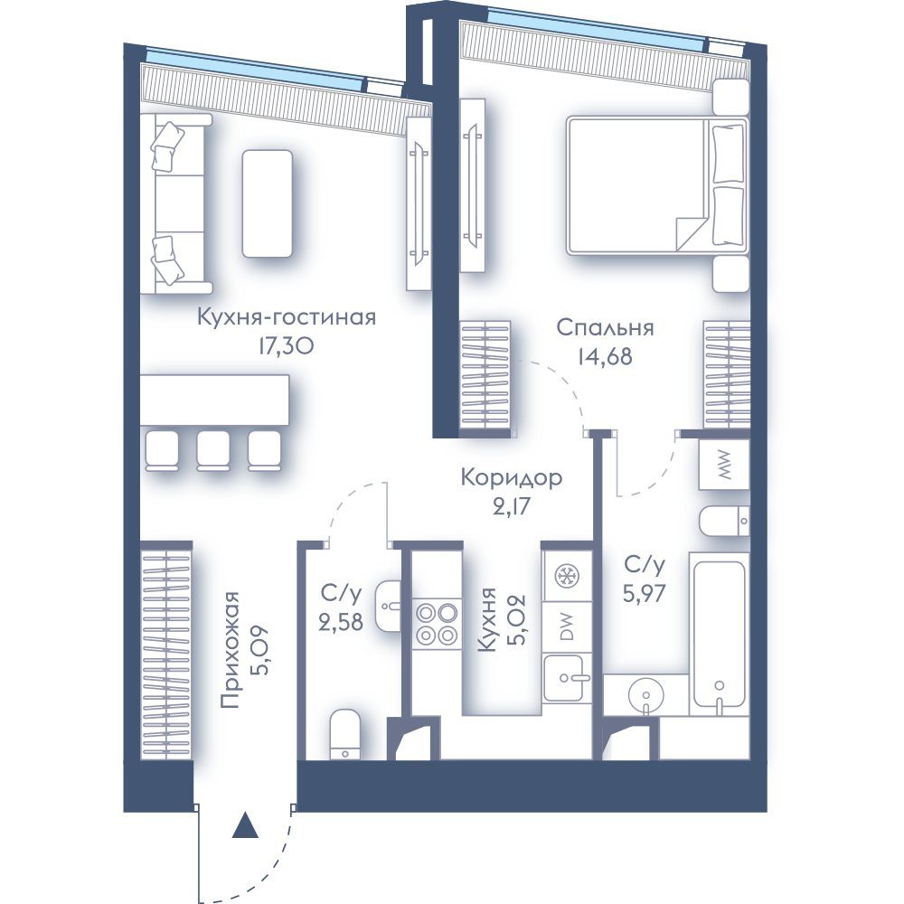 1-комнатная квартира, 52,8 м²