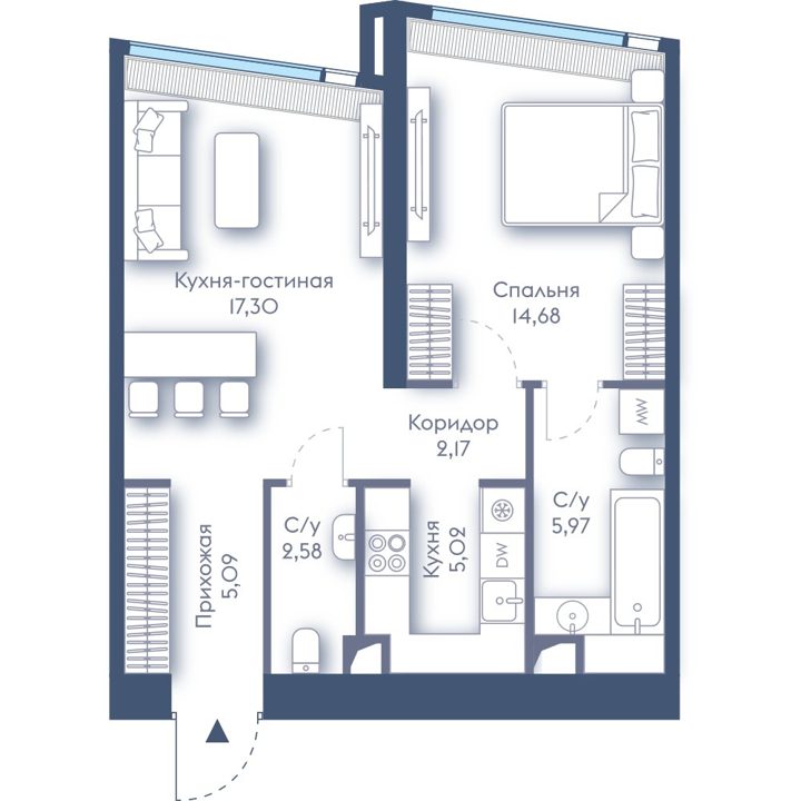 1-комнатная квартира, 52,8 м²