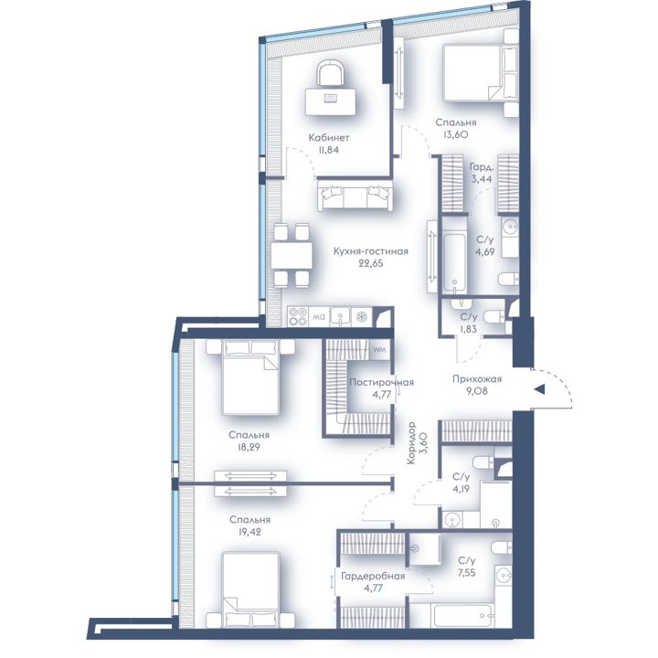 3-комнатная квартира, 129,7 м² — фото 1