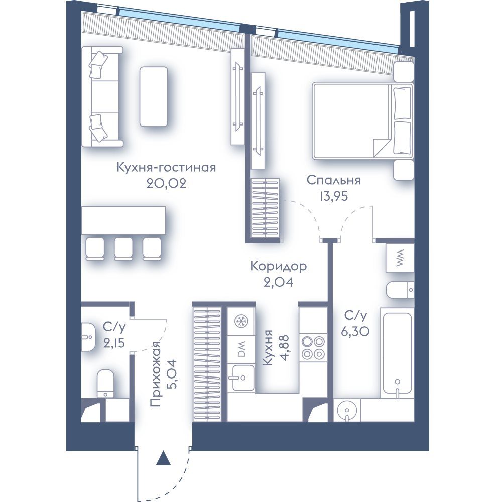1-комнатная квартира, 54,4 м²