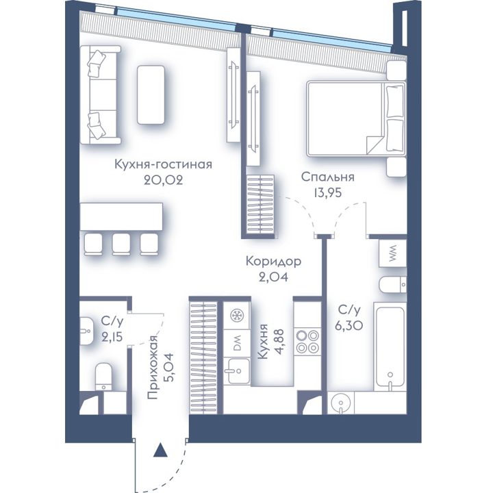 1-комнатная квартира, 54,4 м²
