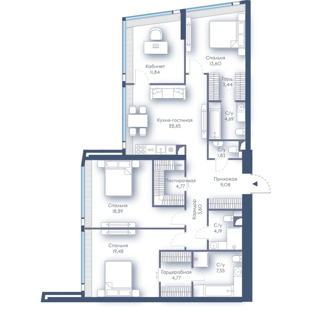 3-комнатная квартира, 129,7 м²