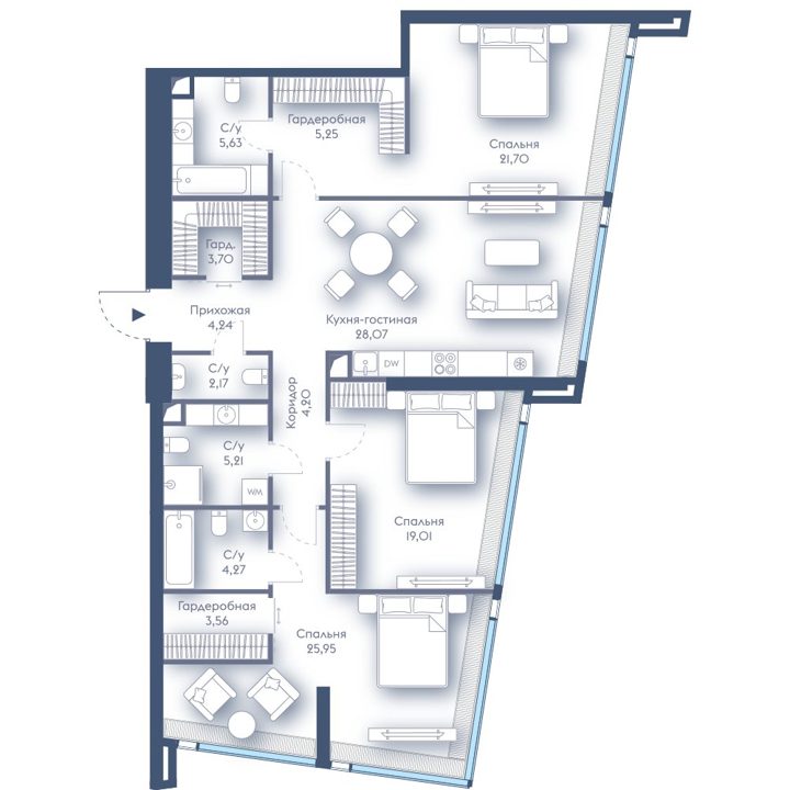 3-комнатная квартира, 133 м²