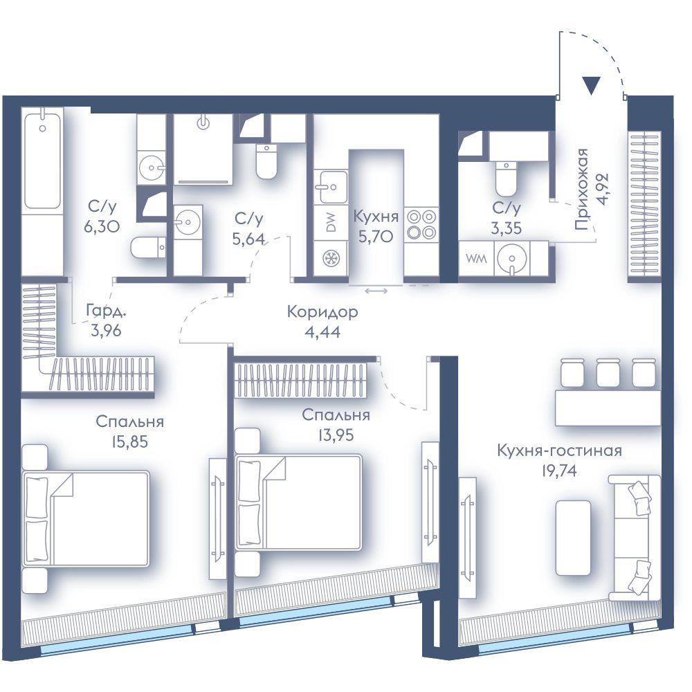 2-комнатная квартира, 83,8 м²