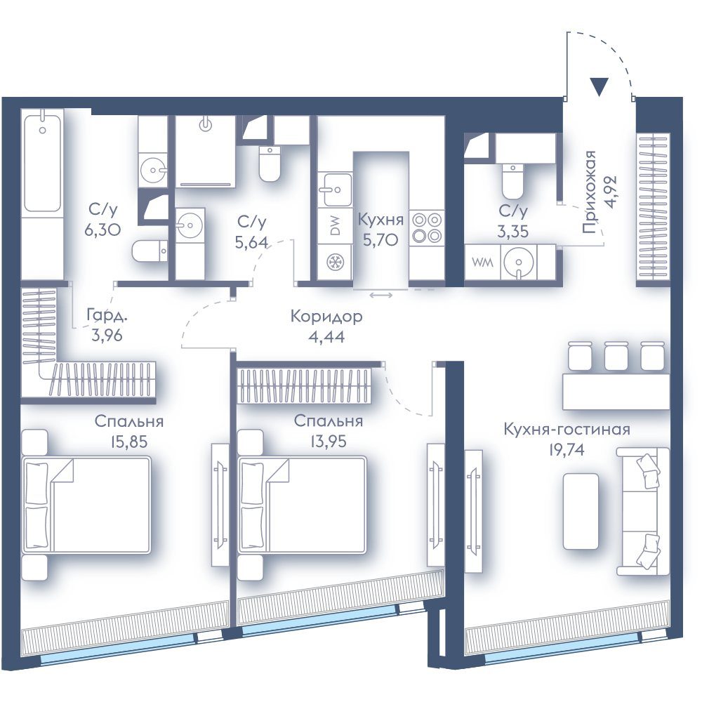 2-комнатная квартира, 83,8 м²