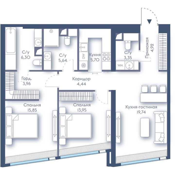 2-комнатная квартира, 83,8 м²