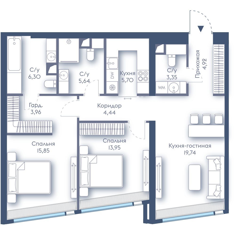 2-комнатная квартира, 83,8 м²