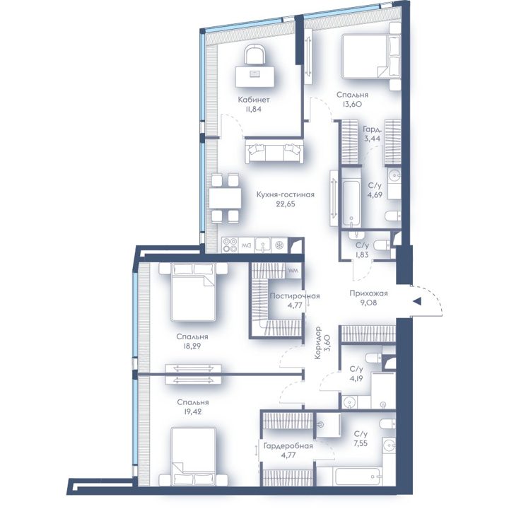 3-комнатная квартира, 129,7 м²