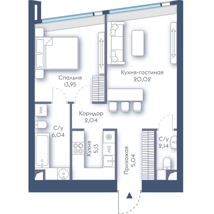 1-комнатная квартира, 54,4 м²