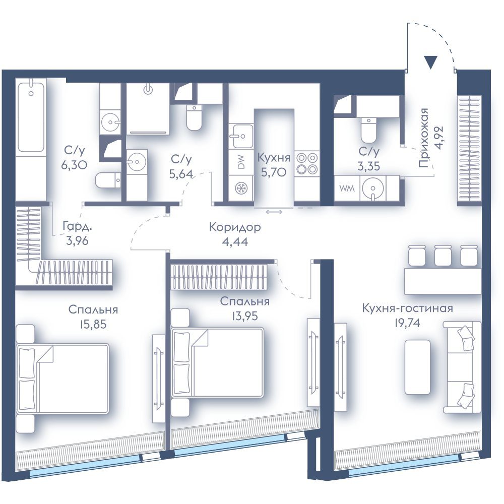 2-комнатная квартира, 83,8 м²
