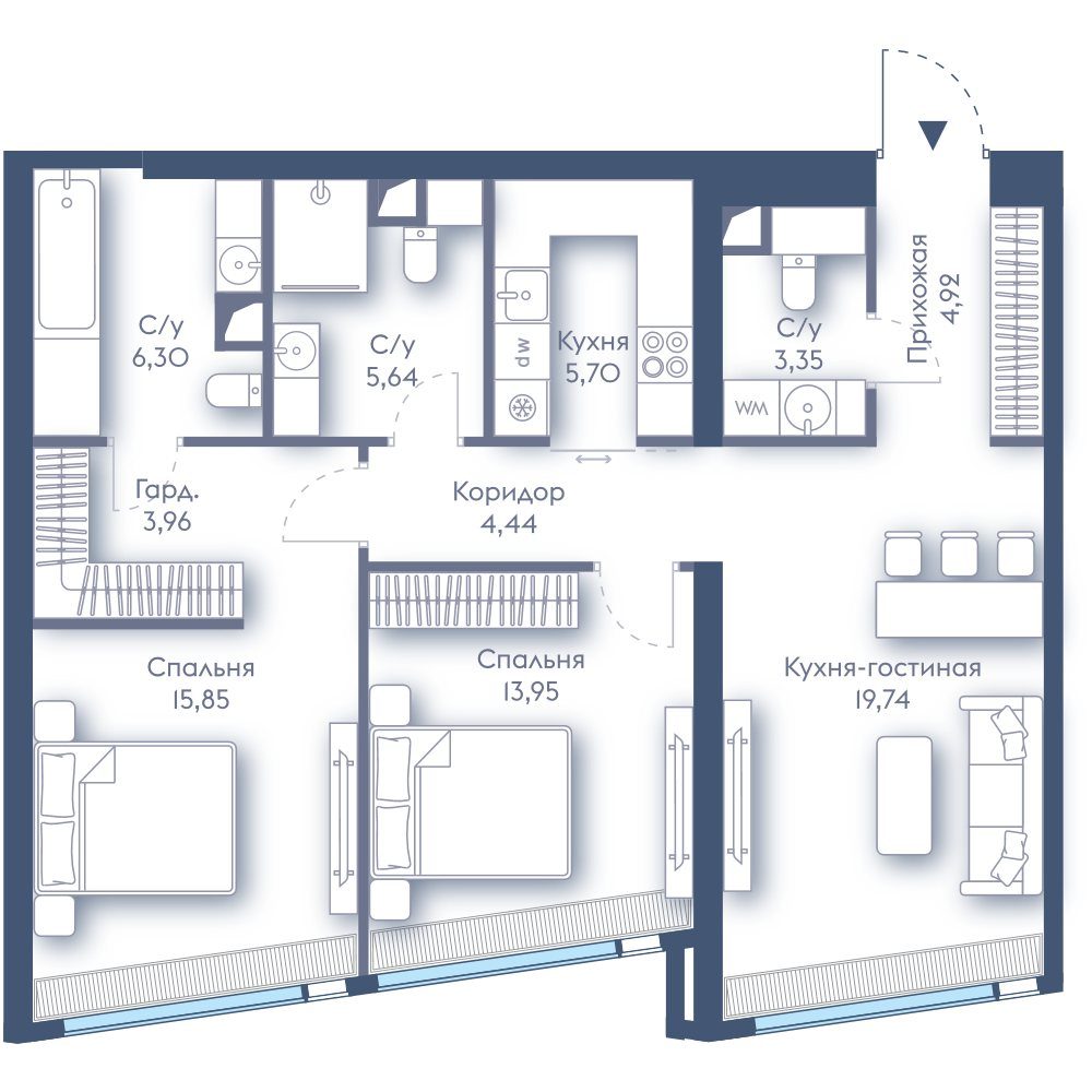 2-комнатная квартира, 83,8 м²