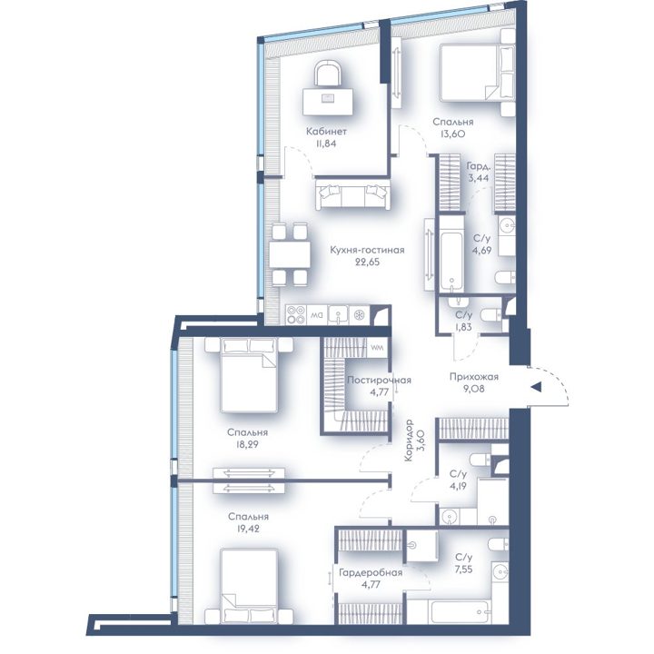 3-комнатная квартира, 129,7 м²
