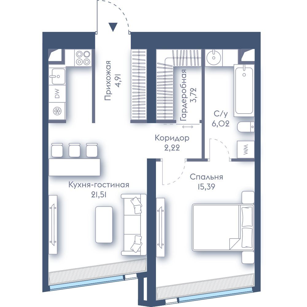 1-комнатная квартира, 53,8 м²