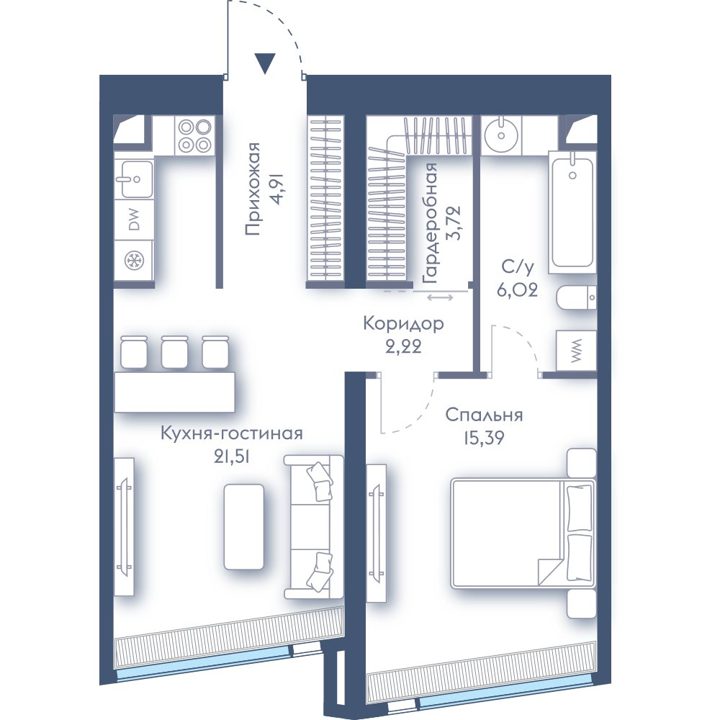 1-комнатная квартира, 53,8 м²