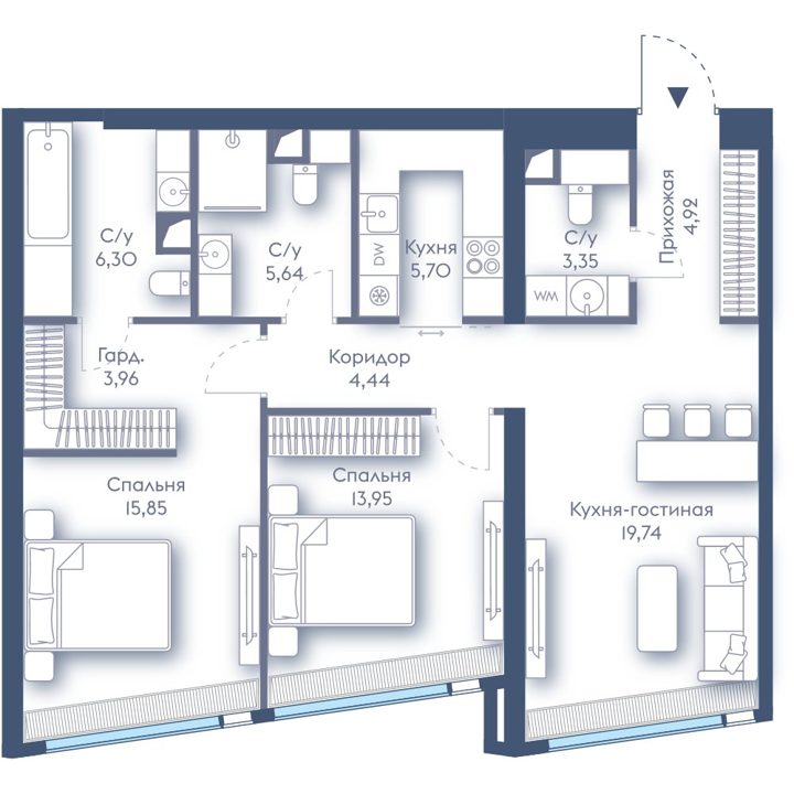 2-комнатная квартира, 83,8 м²