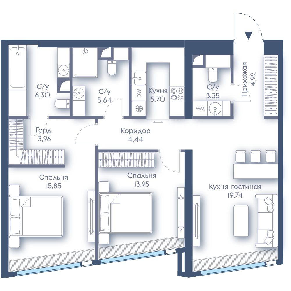 2-комнатная квартира, 83,8 м²