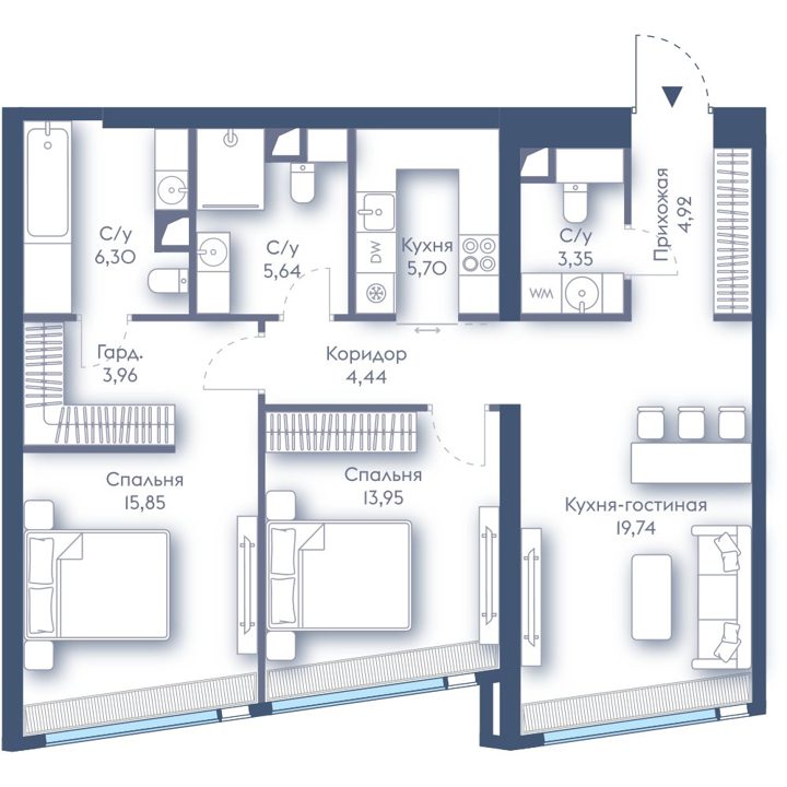 2-комнатная квартира, 83,8 м²
