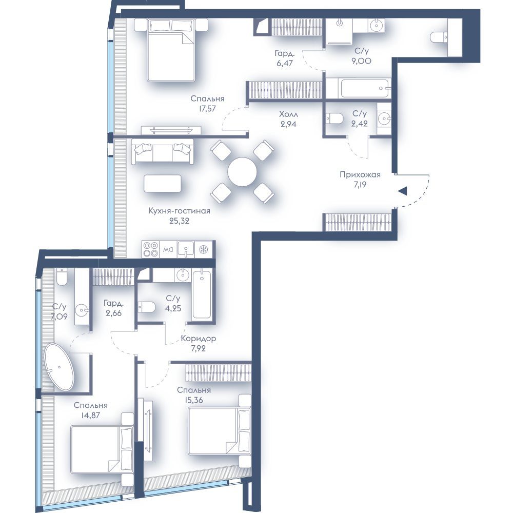 3-комнатная квартира, 123,1 м²