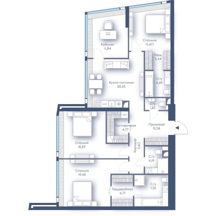 3-комнатная квартира, 129,7 м²