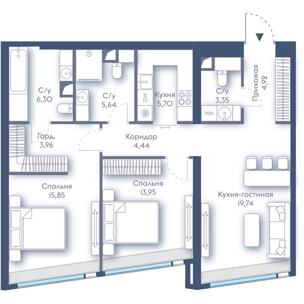 2-комнатная квартира, 83,8 м²