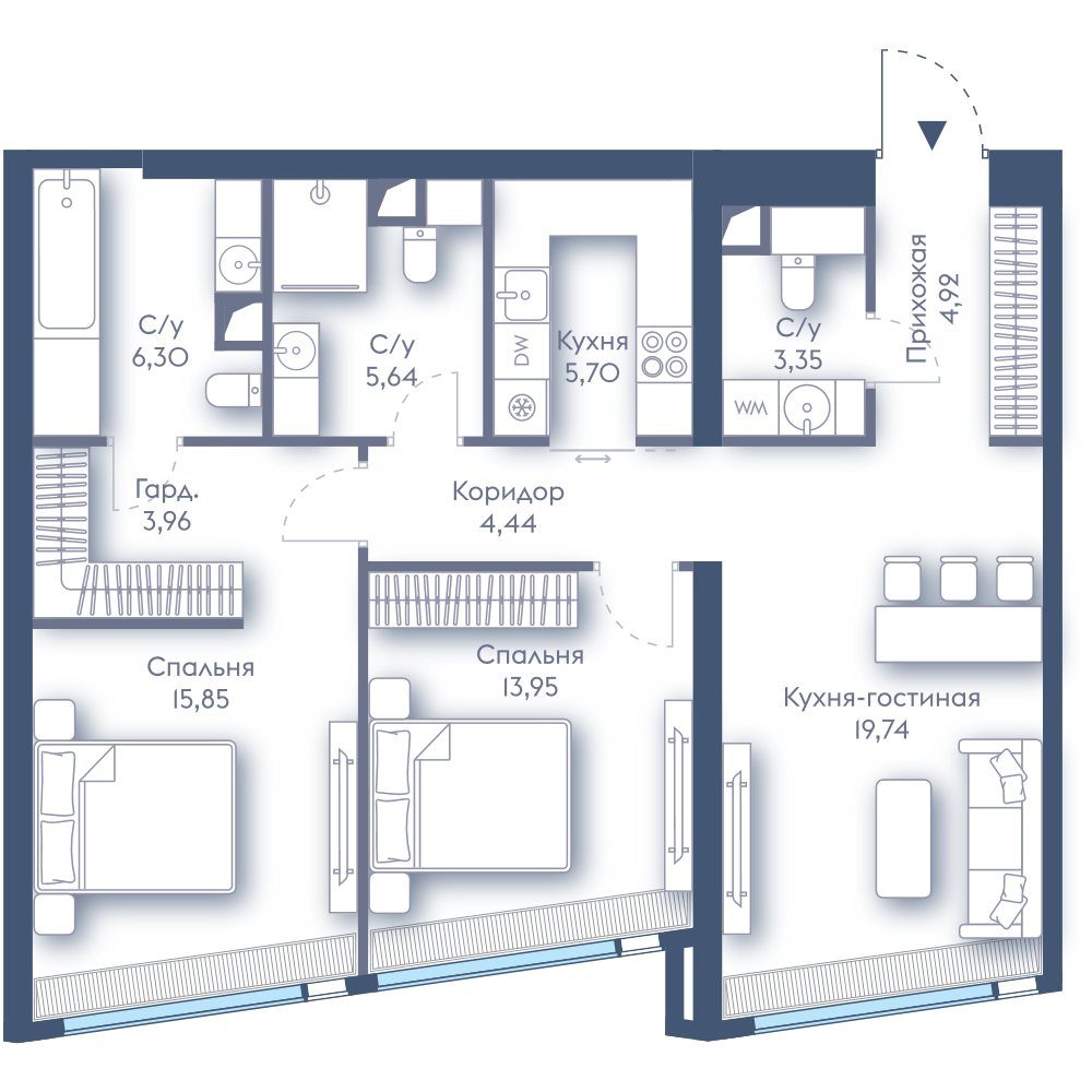 2-комнатная квартира, 83,8 м²