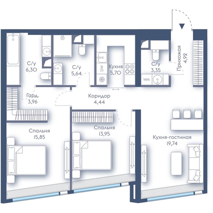 2-комнатная квартира, 83,8 м²