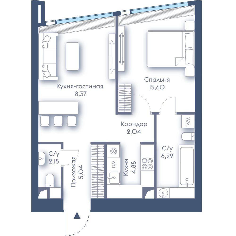 1-комнатная квартира, 54,4 м²
