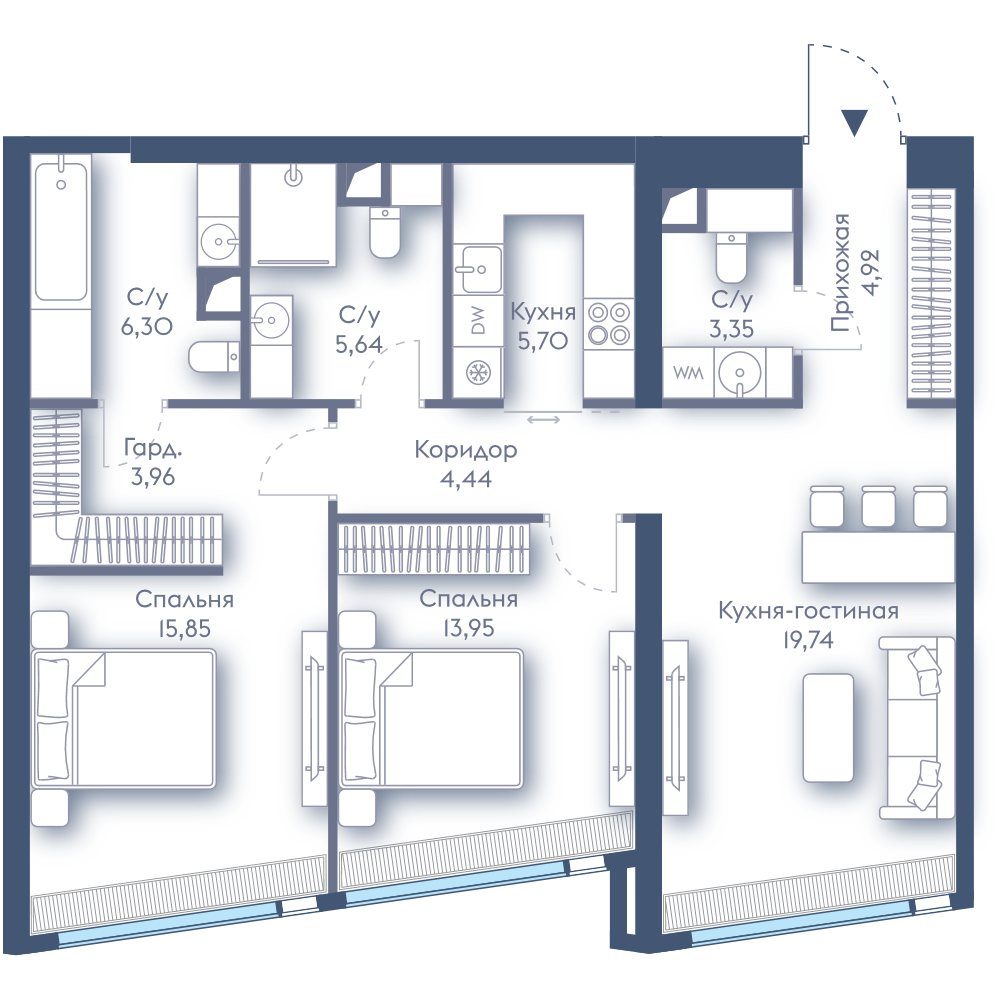 2-комнатная квартира, 83,8 м²
