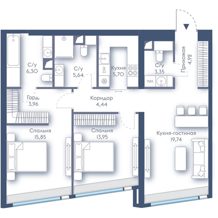 2-комнатная квартира, 83,8 м² — фото 1