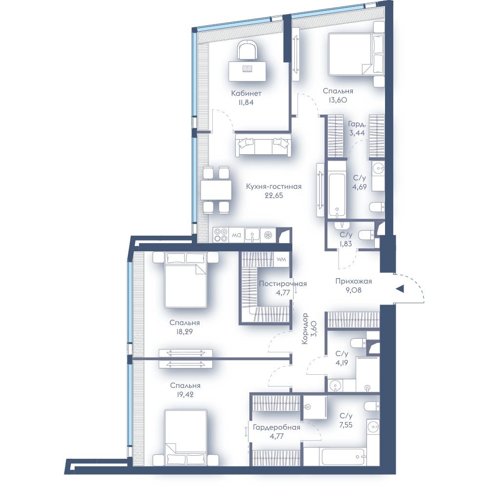 3-комнатная квартира, 129,7 м²