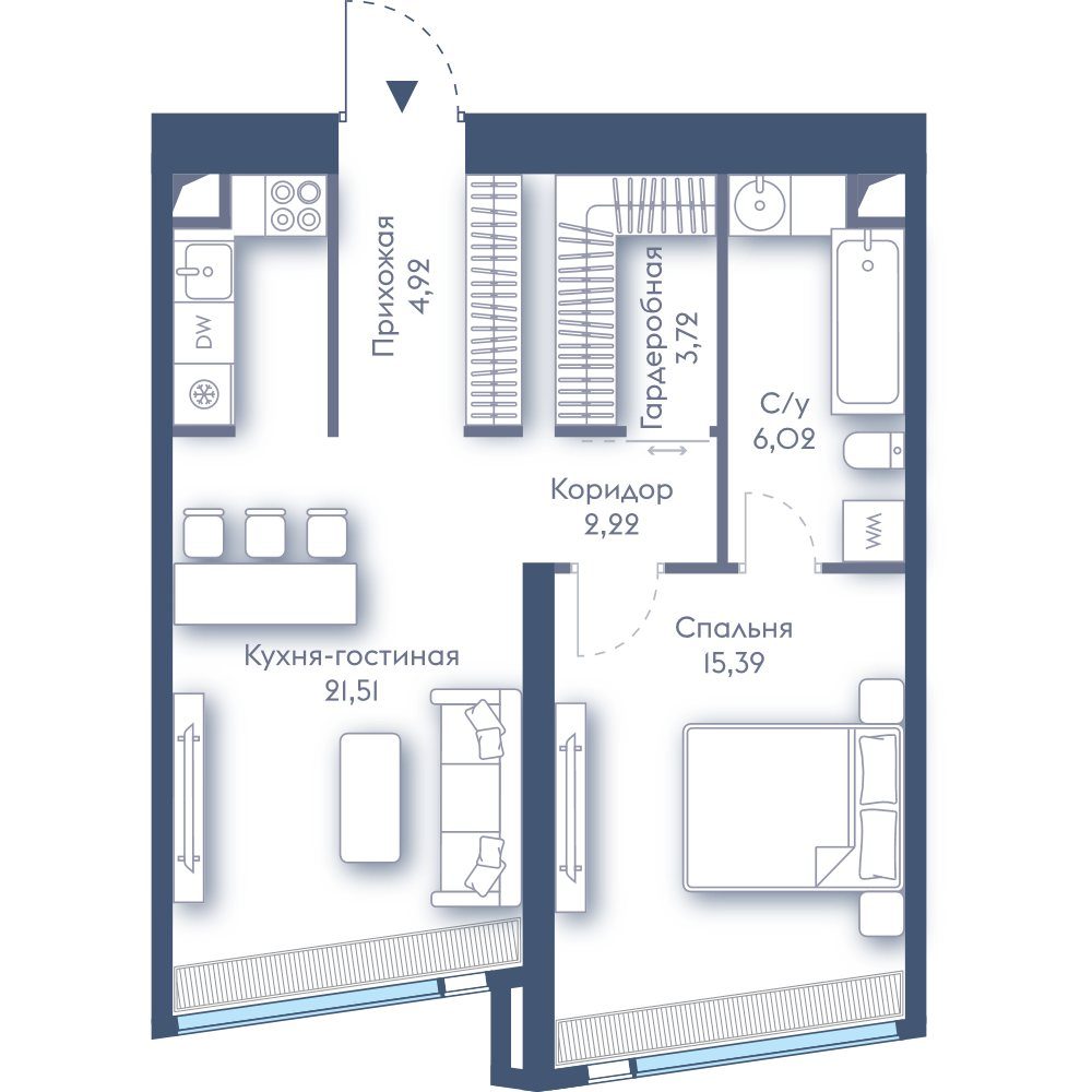 1-комнатная квартира, 53,8 м²